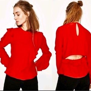 NWOT Zara Red Longsleeve Frill Top w/ Cutout Back